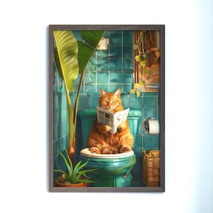 Stampa divertente di un gatto soriano arancione sul water, decorazione da parete per il bagno, poster di un gatto che legge il giornale, poster di un gatto divertente, decorazione da bagno, stampa fisica di un gatto