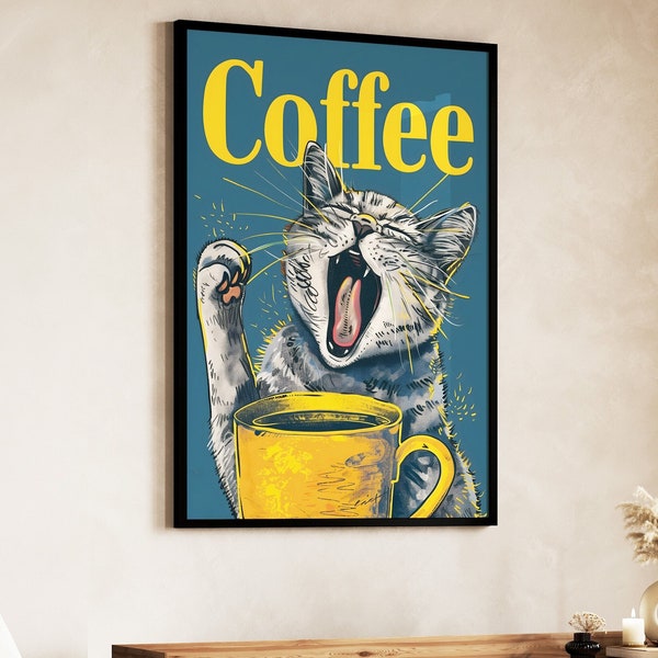 Coffee Cat Print, Retro Drink Poster, Cat Coffee Poster, Coffee Wall Art, Kitchen Decor, Cafe Decor, Minimalist, Coffee Lover, Vintage Art