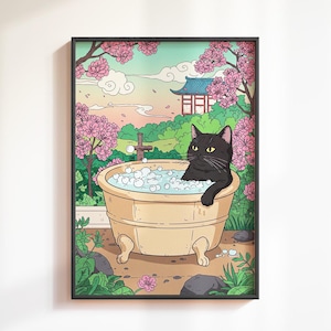 Bathroom Cat in Bathtub Wall Art, Funny Poster, Japanese Bathroom Decor, Japandi Wall Art, Japanese Cat Print, Digital Maximalist Cat Art