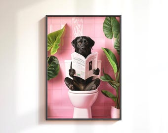 Black Labrador Dog on Toilet Print: Funny Bathroom Wall Art