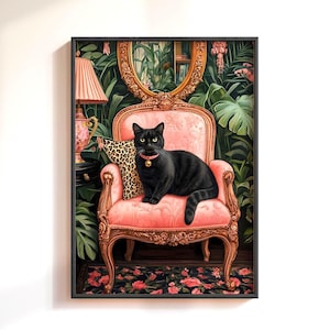 ソファの上のトロピカルな黒猫のポスタープリント、面白い黒猫の壁アート、マキシマリストの壁アート、ドーパミン装飾、プレッピーな装飾、トレンディなガーリーな壁装飾