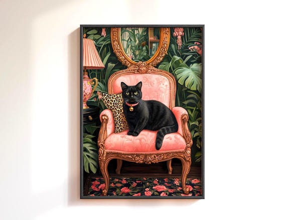 Black Cat Art Print: Tropical Maximalist Decor (Digital Download)
