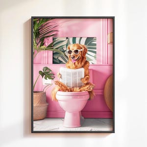Golden Retriever Toilet Print, Funny Dog Bathroom Wall Art, Dog Reading Newspaper Poster, Cute Golden Retriever Art, Physical Dog Print Gift