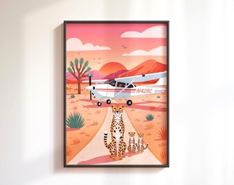 Lámina de familia de guepardos a todo color: Póster maximalista de guepardo, arte mural de animales de safari, póster de leopardo, decoración mural estética del desierto