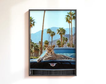 Leopard on Classic Car Print, Luxury Cheetah Poster, Retro Leopard Wall Art