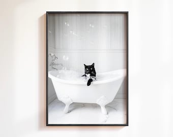 Black Cat Bath Bathroom Print: Funny Bathroom Wall Art, Quirky Cat Bathub Poster, Aesthetic Cat Bathroom Decor, Cat Lover Wall Art Gift
