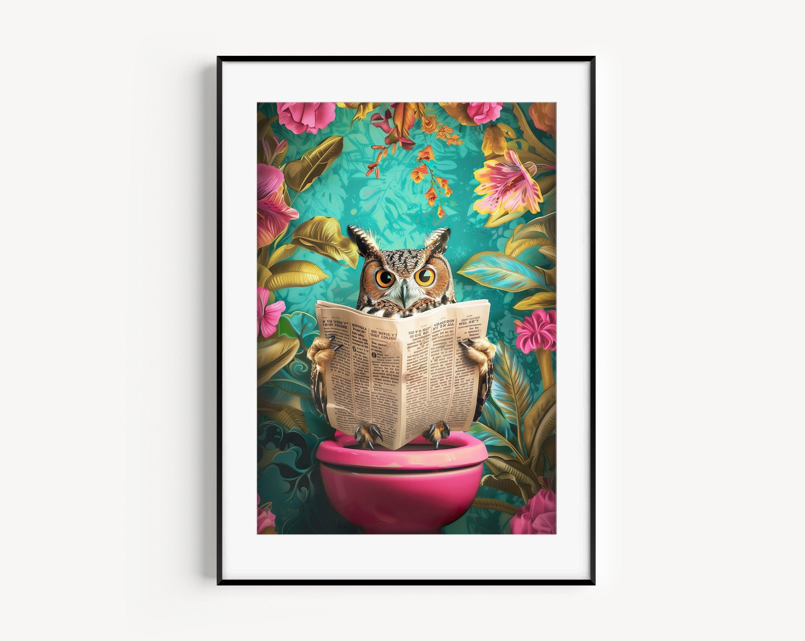 Owl Sitting on Toilet Reading a Newspaper Print, Funny Bathroom Wall Decor, Toilet Wall Art, Bathroo