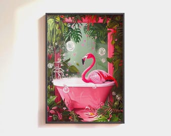 Pink Flamingo Bathtub Bathroom Print: Pink Bathroom Wall Art, Funny Tropical Bathroom Decor, Animal Bath Poster, Maximalist Flamingo Decor