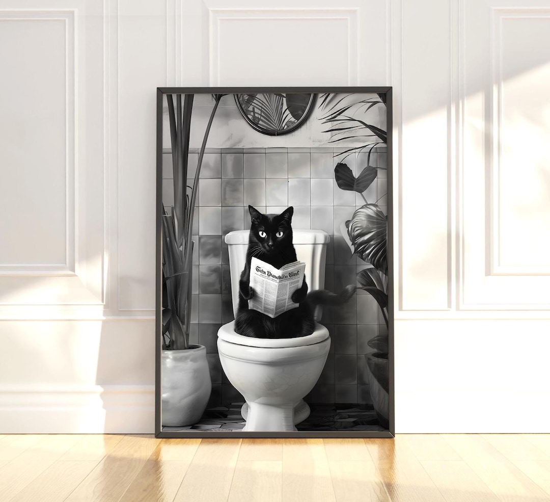 Funny Black Cat Toilet Bathroom Art Print: Black and White Toilet Humor ...
