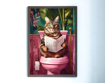 Funny Tabby Cat Bathroom Print: Quirky Cat Toilet Humor Wall Art (Digital Download)