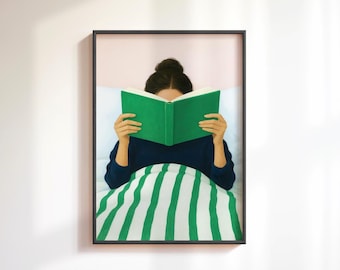 Woman Reading in Bed Print: Emerald Green Book, Cozy Bedroom Wall Art (Digital Download)