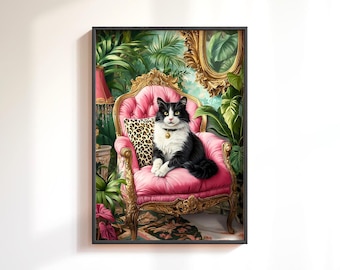 Tuxedo Cat Wall Art Print: Retro Cat Poster, Quirky Cat on Pink Armchair Poster, Vintage Cat Decor, Pet Lover Wall Art, Cat Lover Gift Art