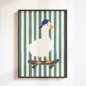 A flat illustration of a white goose wearing a navy blue cap standing on a grey skateboard against a bold sage green and cream vertical striped textured background. Clean flat shapes in white, navy blue, orange and deep green with a retro graphic quality throughout.