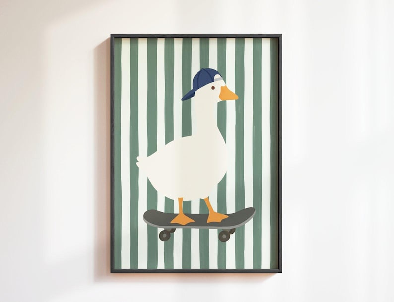 A flat illustration of a white goose wearing a navy blue cap standing on a grey skateboard against a bold sage green and cream vertical striped textured background. Clean flat shapes in white, navy blue, orange and deep green with a retro graphic quality throughout.