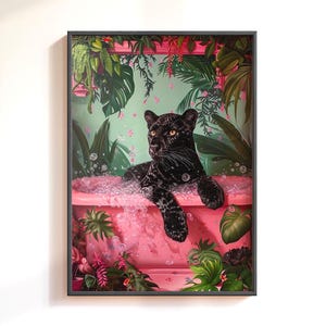 Black Leopard Bathtub Poster, Black Panther Bathroom Wall Art, Aesthetic Bathroom Print, Maximalist Leopard Wall Art, Trendy Dopamine Decor