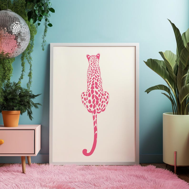 Trendy Pink Leopard Wall Art Print featuring a bold pink leopard on soft tones, perfect for girls rooms, preppy dorm decor, dopamine interiors, or jungle-inspired bedrooms. This funky animal print adds a stylish and vibrant touch to your apartment or teen room decor. Ideal for fans of maximalist wall art, aesthetic animal posters, or unique pink bedroom art. A standout piece that blends fashion vibes with wild, bold energy.
