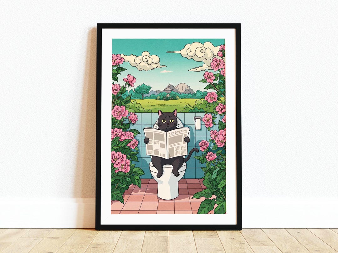 Funny Black Cat Toilet Bathroom Print: Japanese Bathroom Wall Art - Etsy