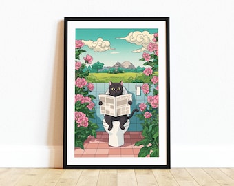 Impressão engraçada de banheiro com gato preto: arte de parede para banheiro japonesa