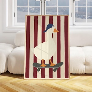 A flat illustration of a white goose wearing a navy blue cap standing on a grey skateboard against a bold red and cream vertical striped textured background. Clean flat shapes in white, navy blue, orange and deep red with a retro graphic quality throughout.