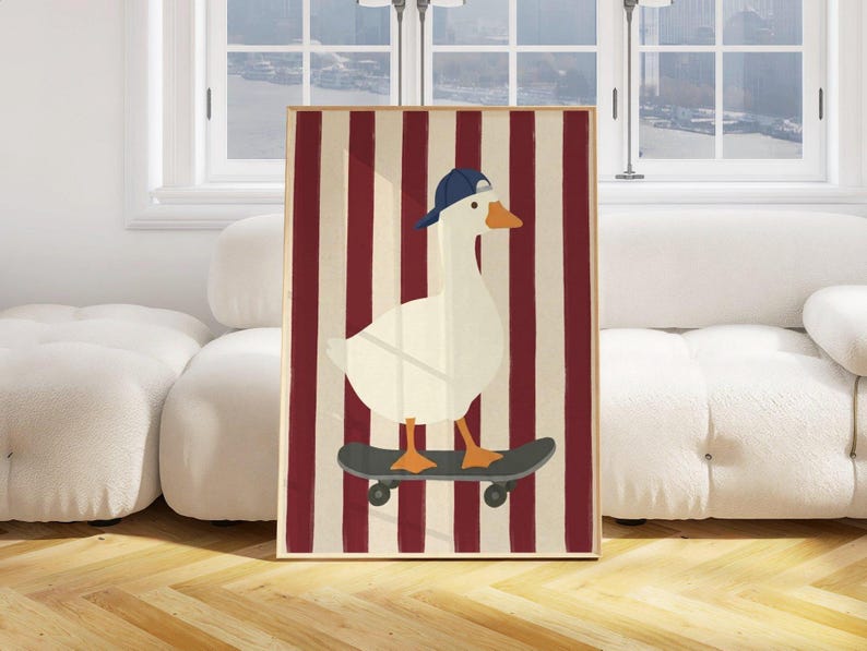 A flat illustration of a white goose wearing a navy blue cap standing on a grey skateboard against a bold red and cream vertical striped textured background. Clean flat shapes in white, navy blue, orange and deep red with a retro graphic quality throughout.