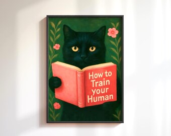 Vintage Cat Reading Art Print: Funny Library Wall Decor, Retro Black Cat Painting