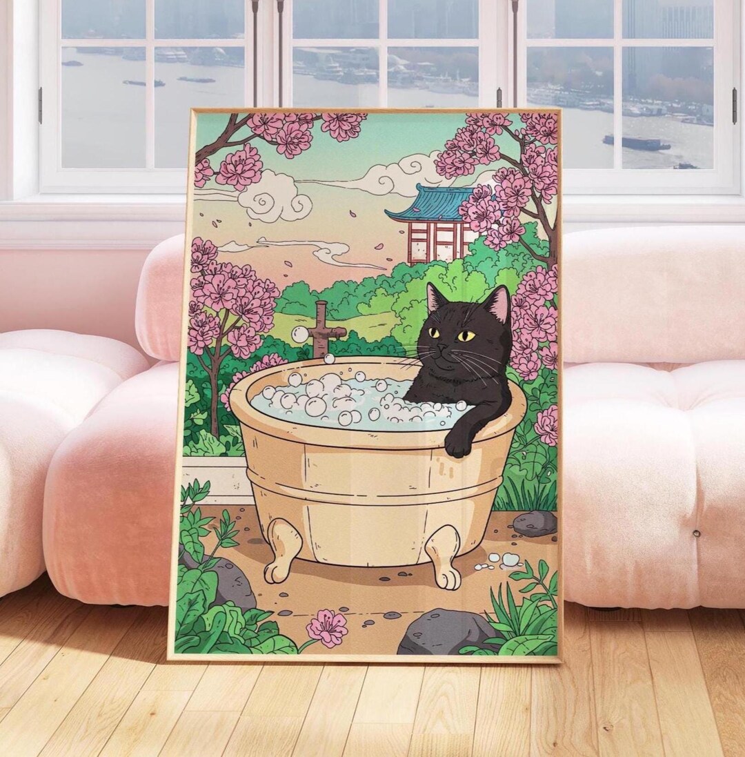 Japanese Black Cat Bathtub Print: Funny Japanese Bathroom Wall Art - Etsy