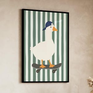 A flat illustration of a white goose wearing a navy blue cap standing on a grey skateboard against a bold sage green and cream vertical striped textured background. Clean flat shapes in white, navy blue, orange and deep green with a retro graphic quality throughout.