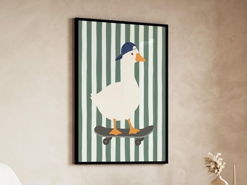 A flat illustration of a white goose wearing a navy blue cap standing on a grey skateboard against a bold sage green and cream vertical striped textured background. Clean flat shapes in white, navy blue, orange and deep green with a retro graphic quality throughout.