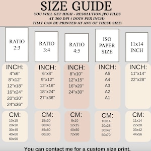 May include: A size guide for digital prints, showing different aspect ratios and corresponding inch and centimeter measurements. The guide includes standard paper sizes like A5, A4, A3, A2, and A1.