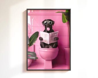 Impression de salle de bain drôle de Labrador noir : art de toilette de chien tropical (téléchargement numérique)