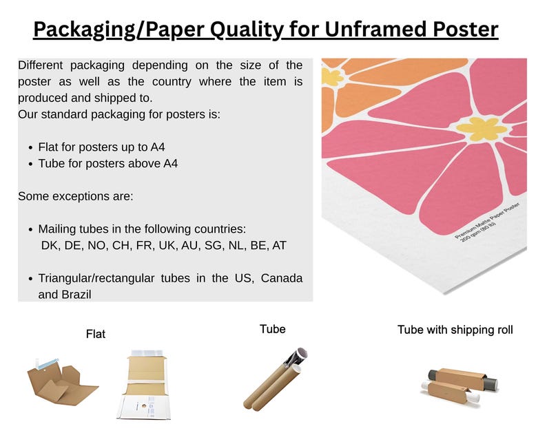 Pu&ograve; includere: Immagine che mostra le opzioni di imballaggio per poster senza cornice. Include imballaggio piatto per poster fino al formato A4 e tubi per poster pi&ugrave; grandi. Mostra anche tubi postali e tubi triangolari/rettangolari per paesi specifici.