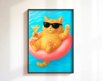 Funny Orange Cat Martini Art Print: Retro Cocktail Poster (Digital Download)