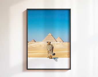 Cheetah & Pyramids Art Print: Retro Cairo Poster, Luxury Leopard Wall Art