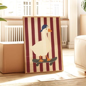 A flat illustration of a white goose wearing a navy blue cap standing on a grey skateboard against a bold red and cream vertical striped textured background. Clean flat shapes in white, navy blue, orange and deep red with a retro graphic quality throughout.