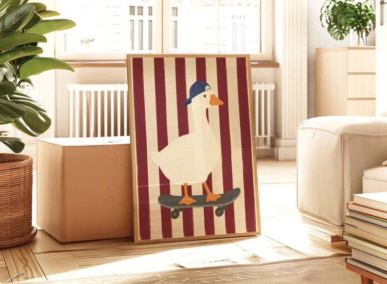 A flat illustration of a white goose wearing a navy blue cap standing on a grey skateboard against a bold red and cream vertical striped textured background. Clean flat shapes in white, navy blue, orange and deep red with a retro graphic quality throughout.