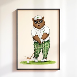 Teddy Bear Playing Golf Wall Art, Vintage Sports Nursery Decor, Green Plaid Golf Poster, Whimsical Kids Room Wall Art, Cute Golf Lover Gift