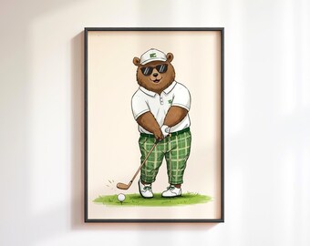 Vintage Teddy Bear Golf Print, Sports Nursery Art