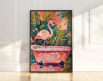 Funny Flamingo in Bathtub Print: Quirky Bathroom Wall Art
