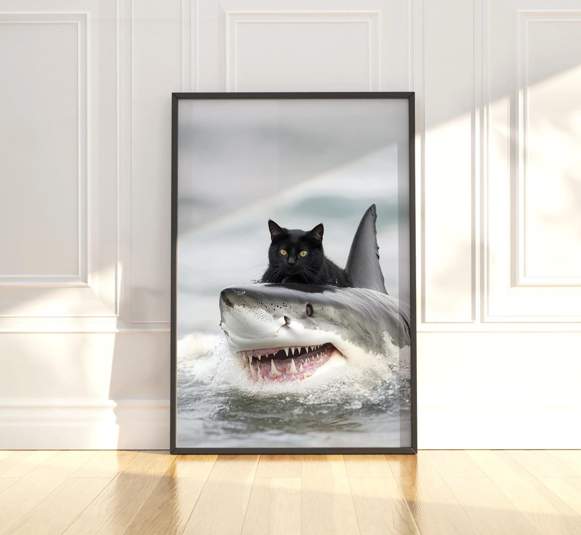 Black Cat Riding Shark Art Print: Funny Cat Lover Gift (digital ...