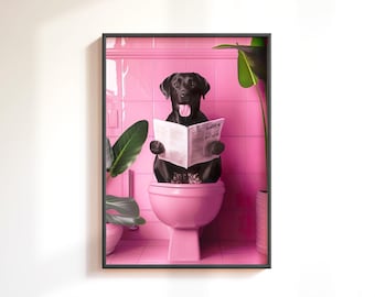 Funny Black Labrador Bathroom Print, Pink Toilet Bathroom Wall Art, Funny Quirky Bathroom Decor, Labrador Lover Art Gift