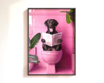 Funny Black Labrador Bathroom Print: Pink Toilet Bathroom Wall Art, Dopamine Bathroom Decor for Dog Lovers, Labrador Wall Art Gift