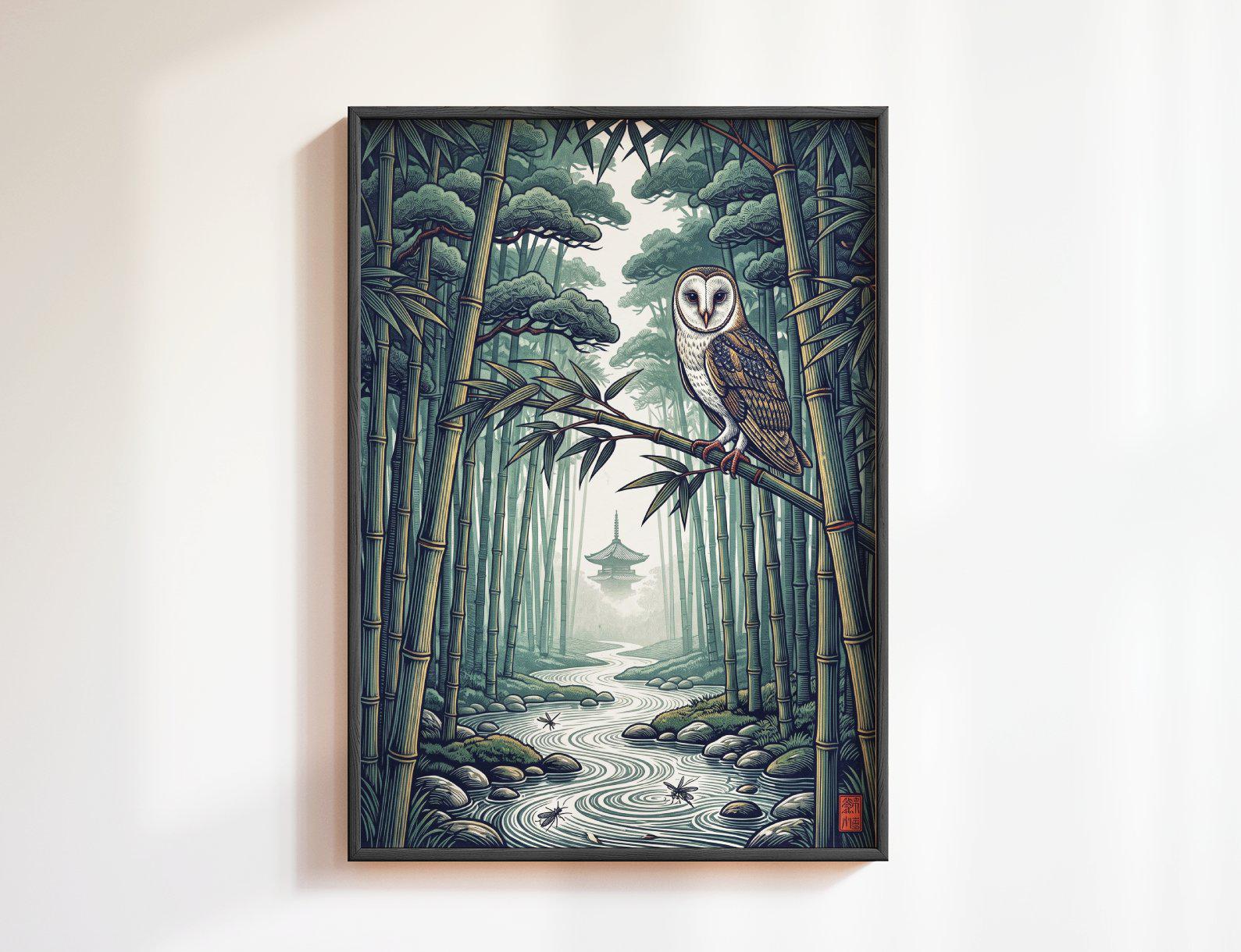 Japanese Owl Bamboo Forest Print: Woodblock Bird Wall Art, Japandi Pagoda Decor, Owl Lover Gift