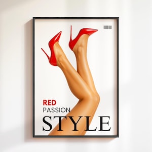 Red Heels Fashion Magazine Poster, Trendy Fashion Stylish Heels Print, Femme Fatale Print, High Heels Art, Aesthetic Girly Apartment Poster
