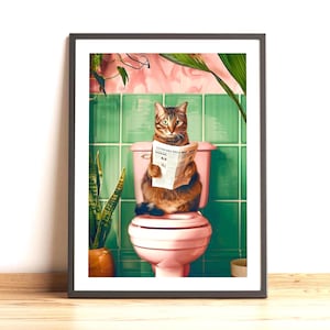 Badezimmer getigerte Katze auf Toilette Druck, lustiges Katzen Poster, süße Katzenmalerei, Badezimmer Wandkunst, Toilette Humor, Katzen Badezimmer Dekor, trendige Katzenkunst