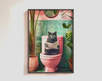British Grey Cat Bathroom Print, Quirky Cat Toilet Wall Art, Cute British Shorthair Cat Poster, Trendy Bathroom Cat Art, Cat Lover Gift