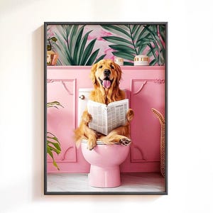 Golden Retriever Toilet Print, Funny Dog Bathroom Print, Trendy Golden Retriever Wall Art, Maximalist Dopamine Decor, Cute Dog Lovers Gift