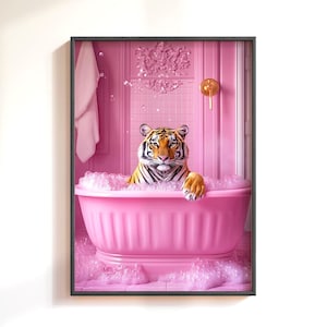 Affiche drôle rose de tigre de dopamine dans la baignoire, art mural maximaliste Art mural rose preppy art mural tendance girly Art mural tropical de salle de bain