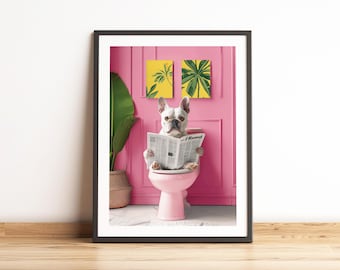 Funny French Bulldog Bathroom Print: Dog Reading Newspaper on Toilet (Digital Download)