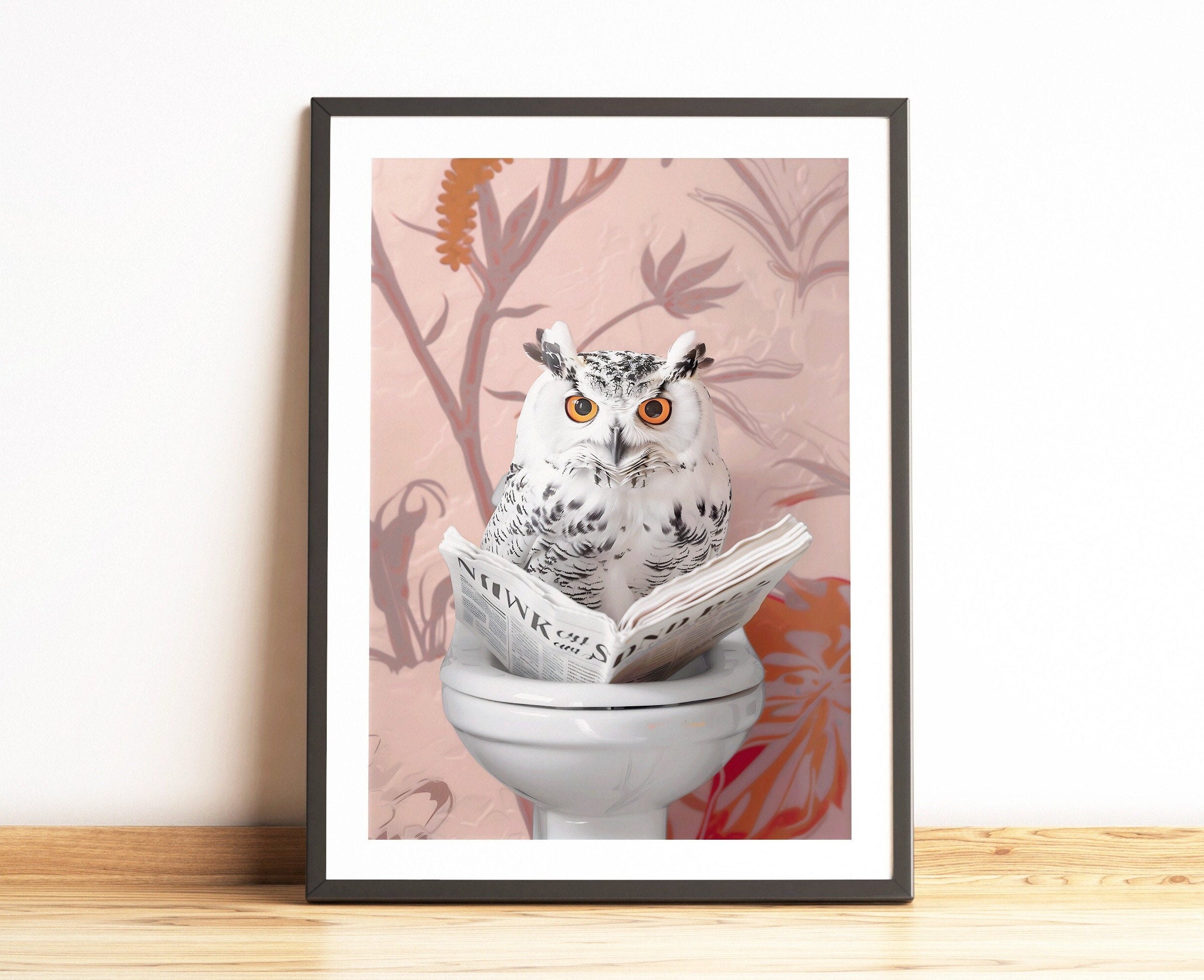 Owl Reading on Toilet  Print,  Bathroom Owl Print Funny Bathroom Wall Decor, Toilet Humor Toilet Wal