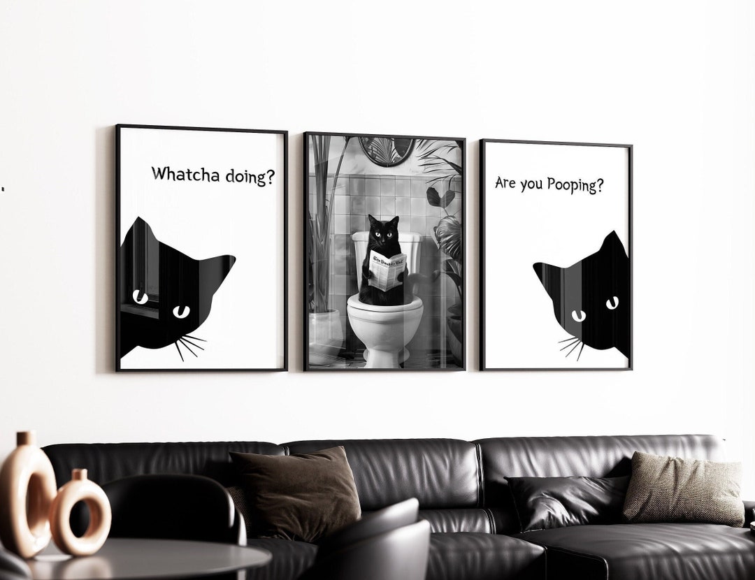 Funny Black Cat Bathroom Prints: Quirky Toilet Wall Art Set of 3 ...